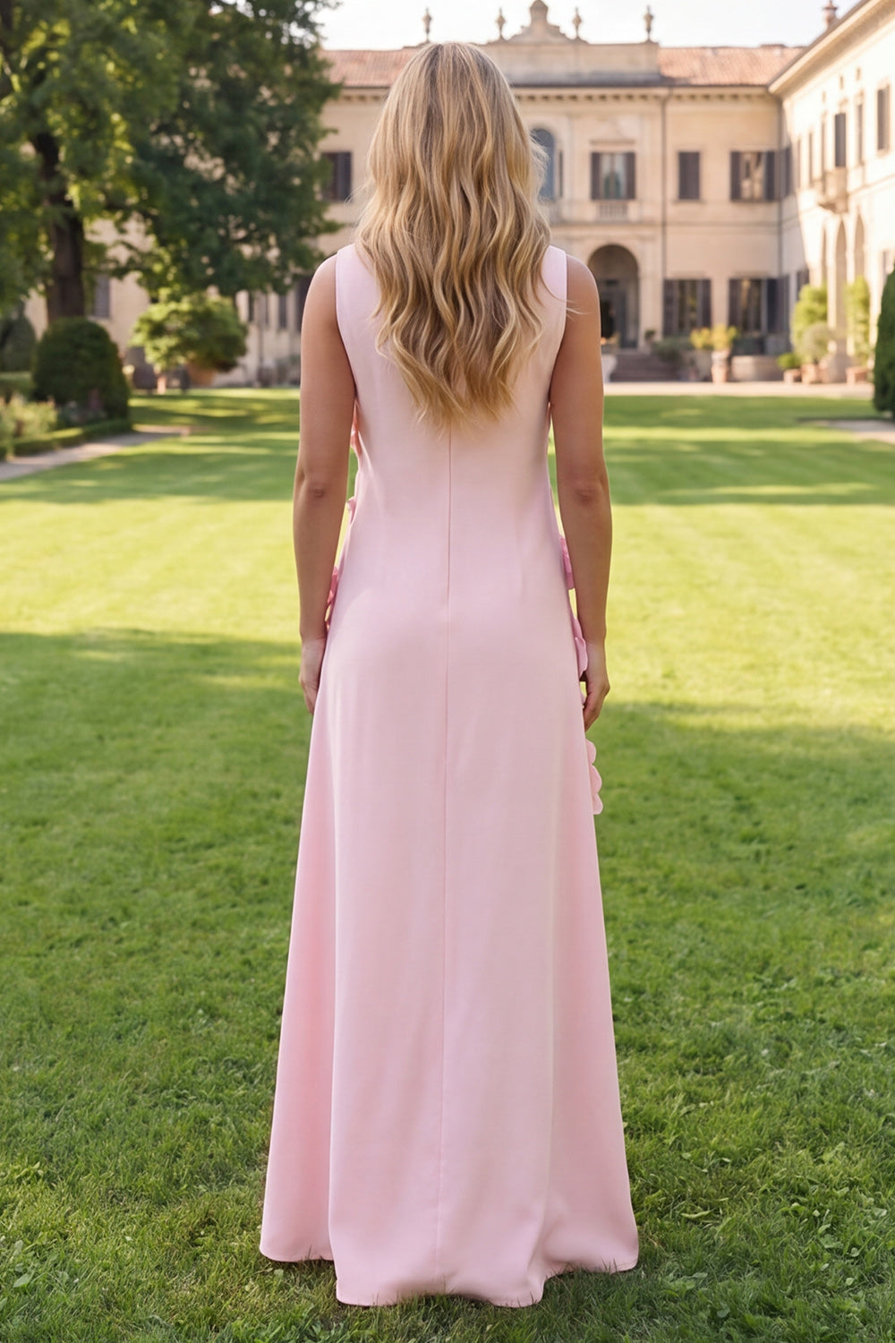 Hot Pink A Line Boat Neck Floral Long Wedding Guest Dress