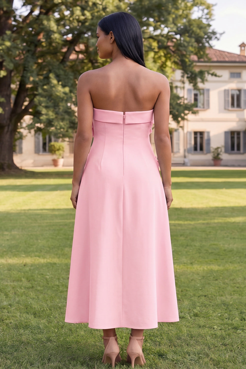 Yellow A Line Strapless Floral Maxi Wedding Guest Dress