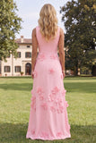 Hot Pink Boat Neck A Line Floral Maxi Wedding Guest Dress
