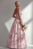 Strapless Ruched Blue Floral A Line Long Bridesmaid Dress