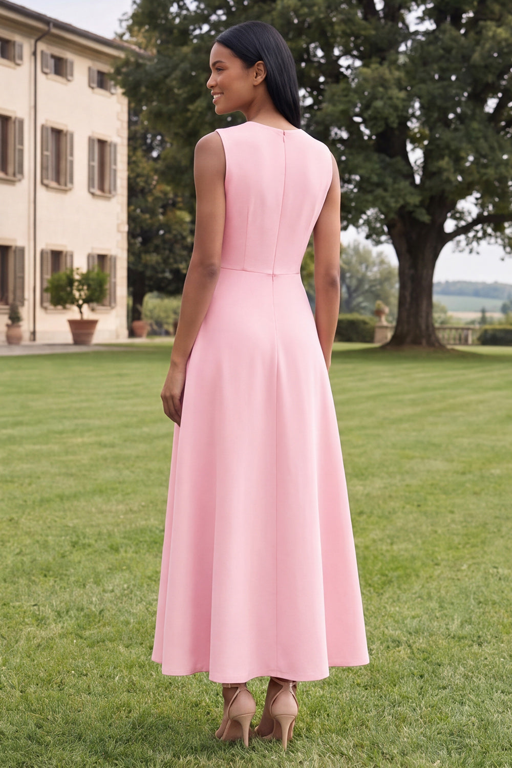 Hot Pink A Line Round Neck Floral Maxi Wedding Guest Dress