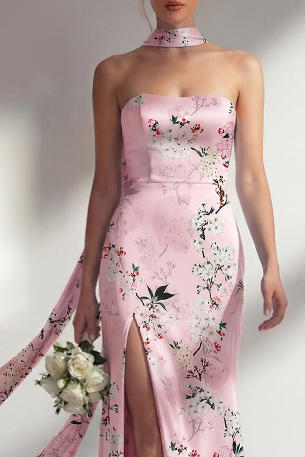 Pink Floral Sheath Strapless Neck Scarf Long Bridesmaid Dress with Slit