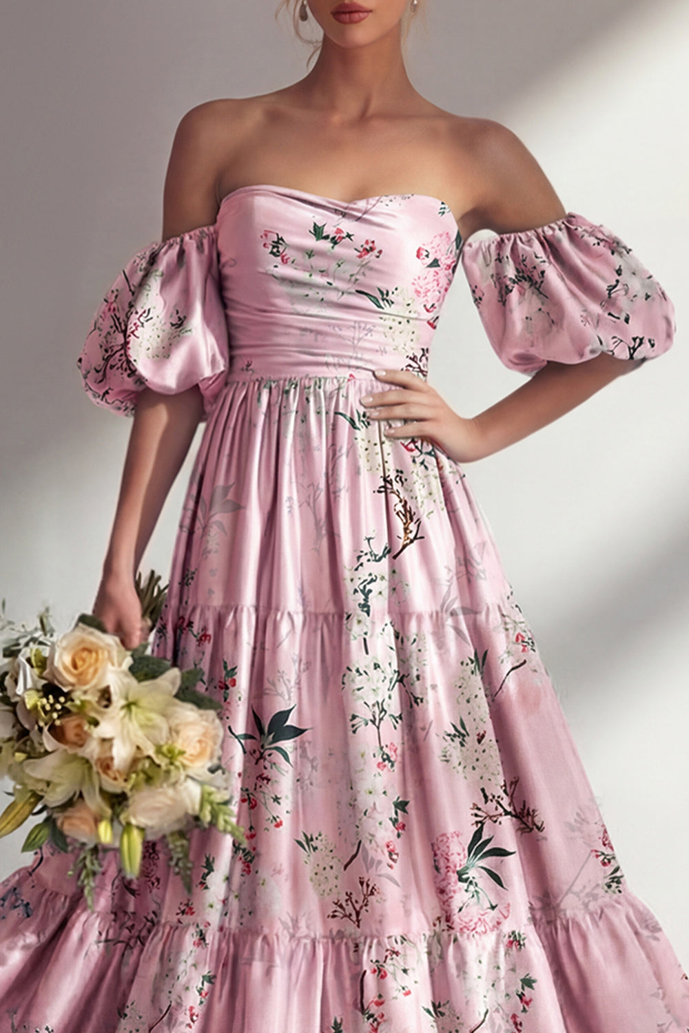 Puff Sleeves Pink Floral A Line Strapless Ruched Long Bridesmaid Dress