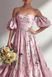 Puff Sleeves Pink Floral A Line Strapless Ruched Long Bridesmaid Dress