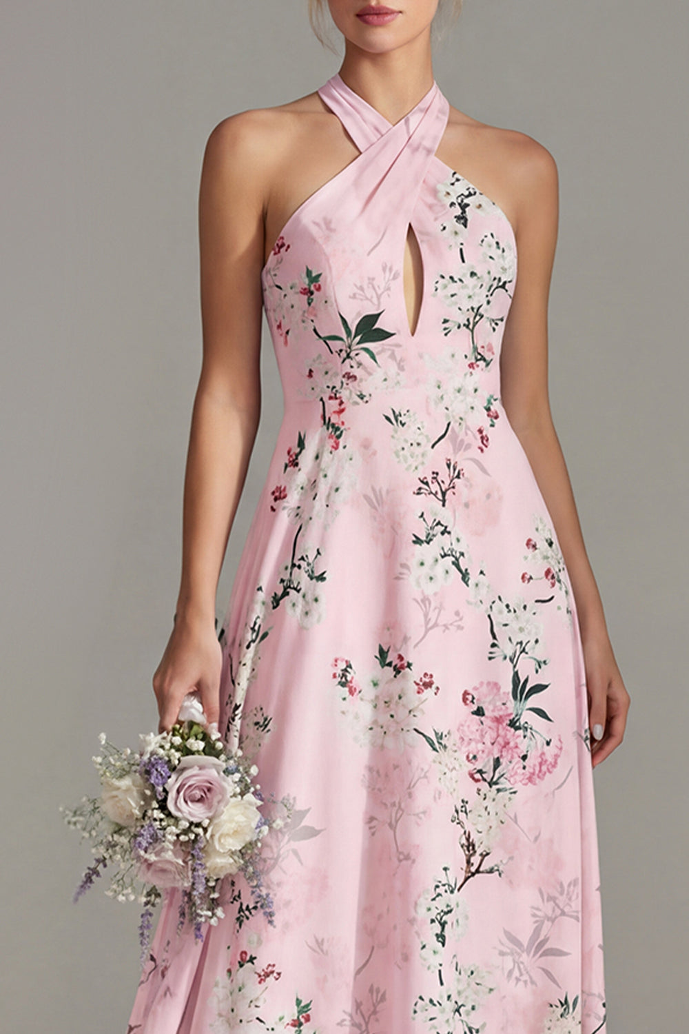 Halter Keyhole Pink Floral A Line Long Bridesmaid Dress