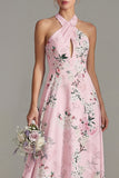 Halter Keyhole Pink Floral A Line Long Bridesmaid Dress
