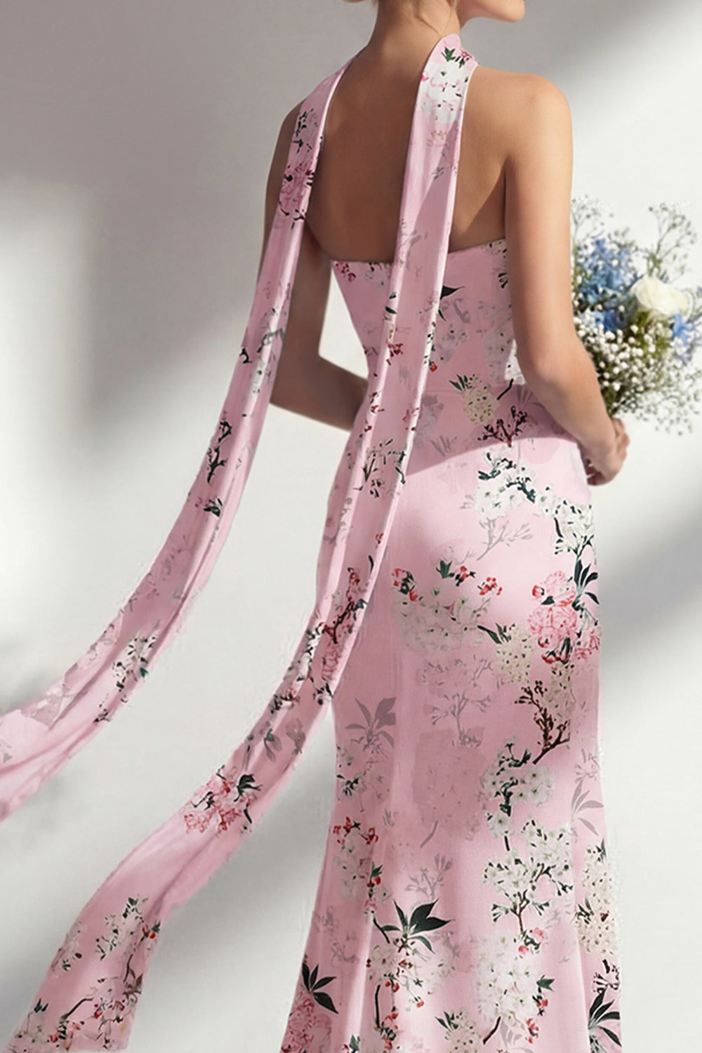 Pink Floral Sheath Strapless Neck Scarf Long Bridesmaid Dress with Slit
