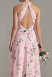 Halter Keyhole Pink Floral A Line Long Bridesmaid Dress