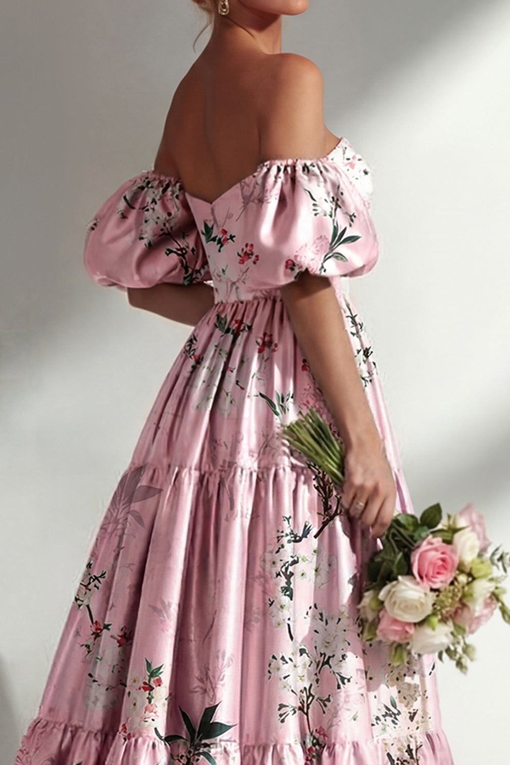 Puff Sleeves Pink Floral A Line Strapless Ruched Long Bridesmaid Dress