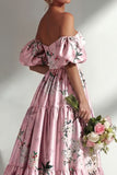 Puff Sleeves Pink Floral A Line Strapless Ruched Long Bridesmaid Dress