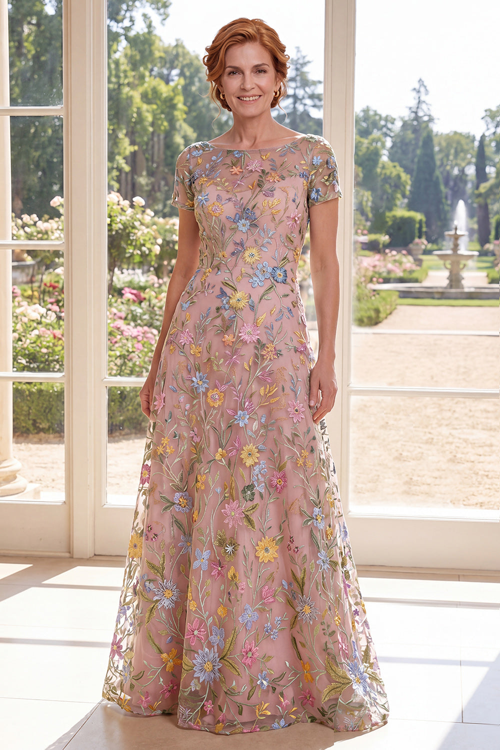 Short Sleeves A Line Long Green Floral Boat Neck Mother of the Bride Dress