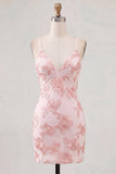 Tight Short Fuchsia Spaghetti Straps Floral Homecoming Dress