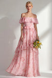 Butter Yellow Flower A Line Off the Shoulder Long Beach Bridesmaid Dress with Ruffles