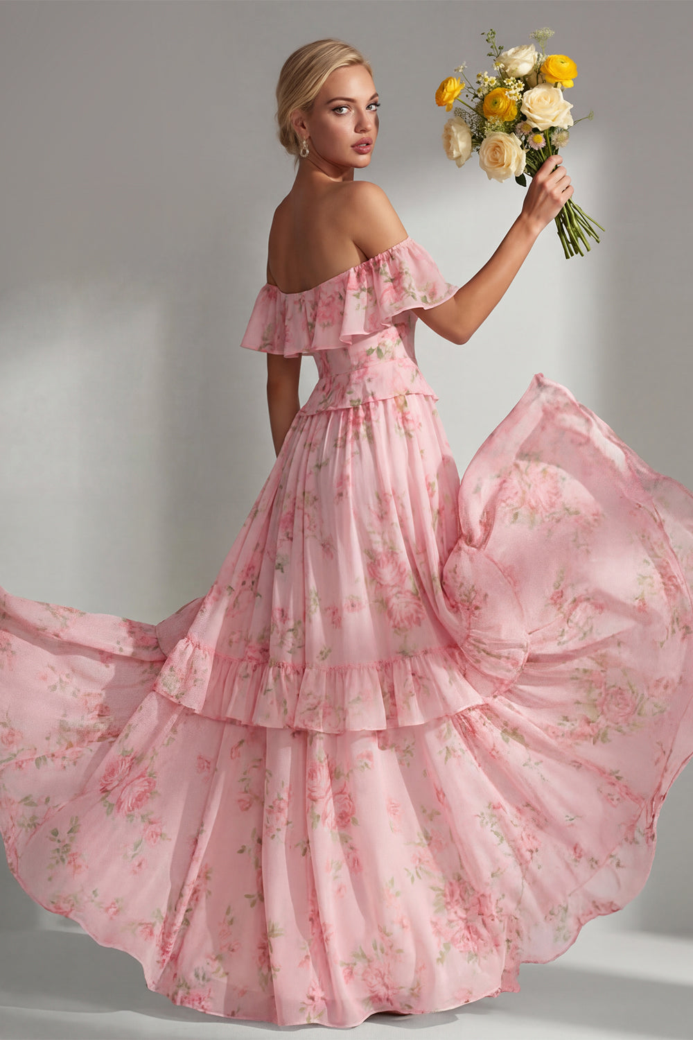 Butter Yellow Flower A Line Off the Shoulder Long Beach Bridesmaid Dress with Ruffles