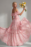 Butter Yellow Flower A Line Off the Shoulder Long Beach Bridesmaid Dress with Ruffles