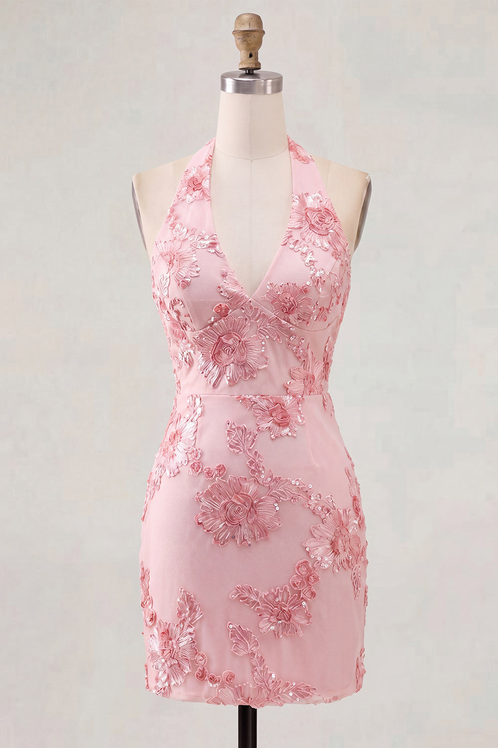Light Blue Halter Floral Tight Short Backless Homecoming Dress