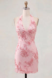 Light Blue Halter Floral Tight Short Backless Homecoming Dress