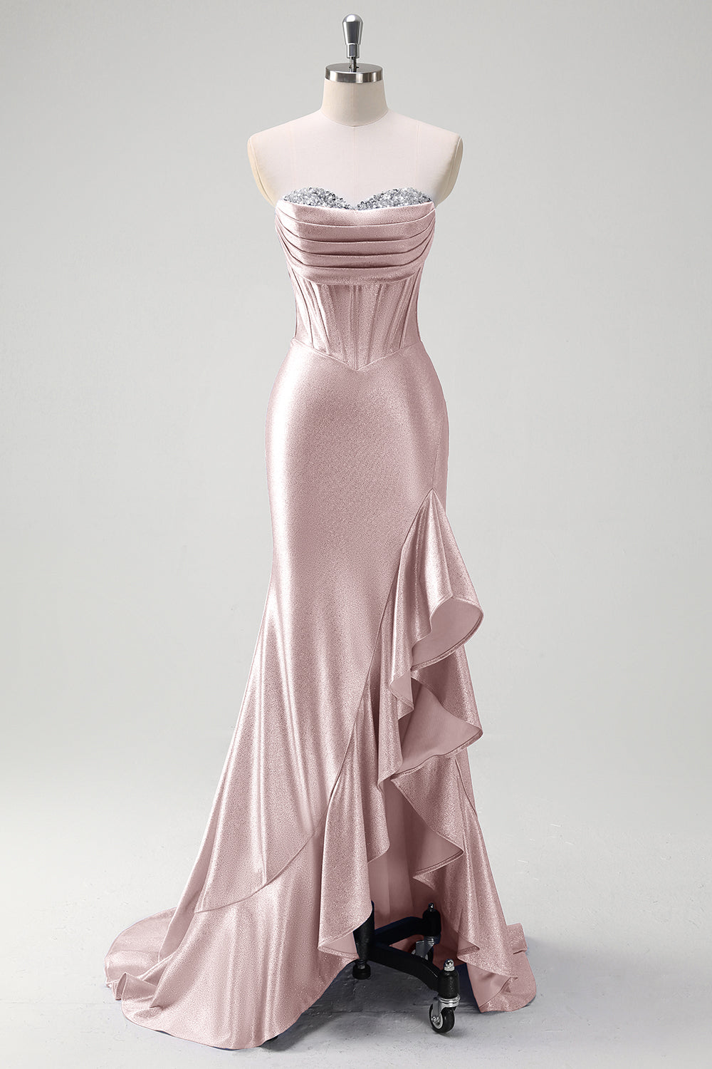 Sparkly Pink Mermaid Ruffles Prom Dress Sweetheart Corset Formal Dress with Slit