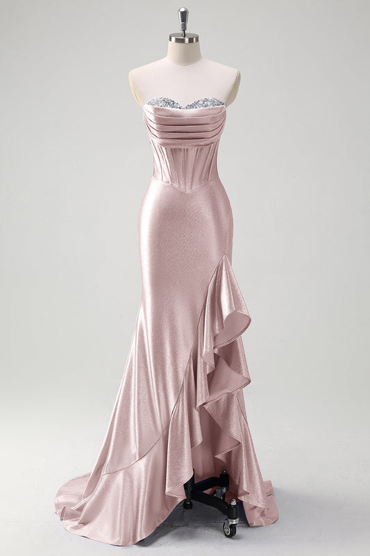 Sparkly Pink Mermaid Ruffles Prom Dress Sweetheart Corset Formal Dress with Slit