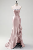Sparkly Pink Mermaid Ruffles Prom Dress Sweetheart Corset Formal Dress with Slit