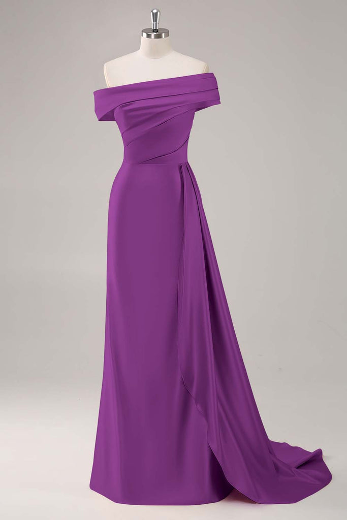 Lilac Off Shoulder Sheath Evening Dress Long Sleeves Floral Sweep Train Formal Gown main image 1