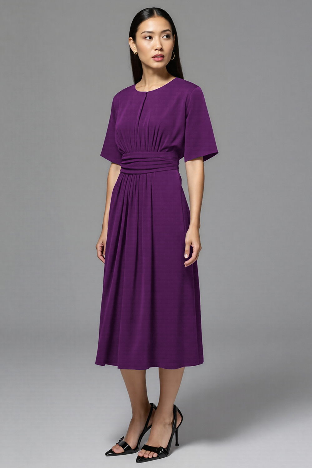 Navy Satin A Line Scoop Neck Midi Work Dress