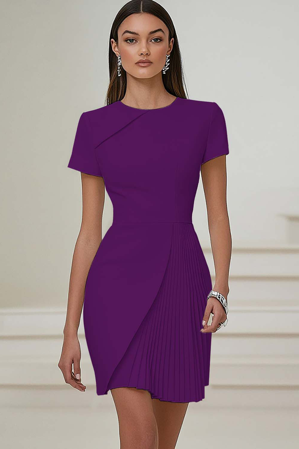 Dusty Blue Bodycon Round Neck Satin Work Dress with Short Sleeves