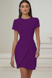Dusty Blue Bodycon Round Neck Satin Work Dress with Short Sleeves