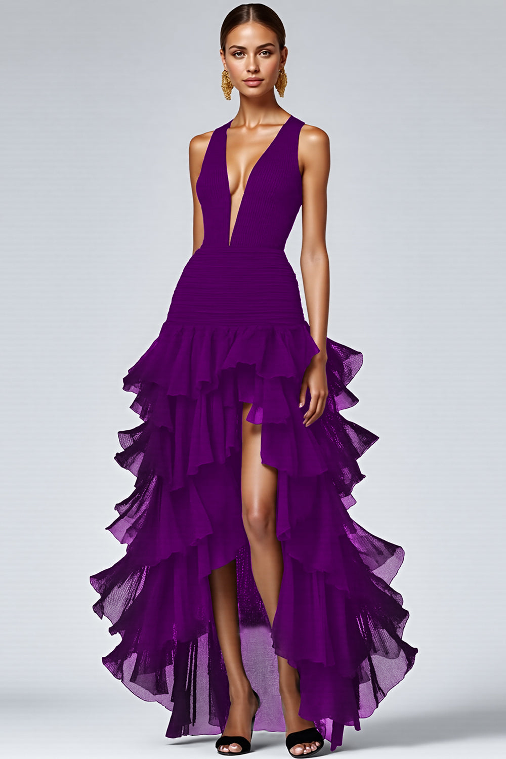 Royal Blue A Line Sleeveless V-Neck Tiered Long Formal Dress with Slit