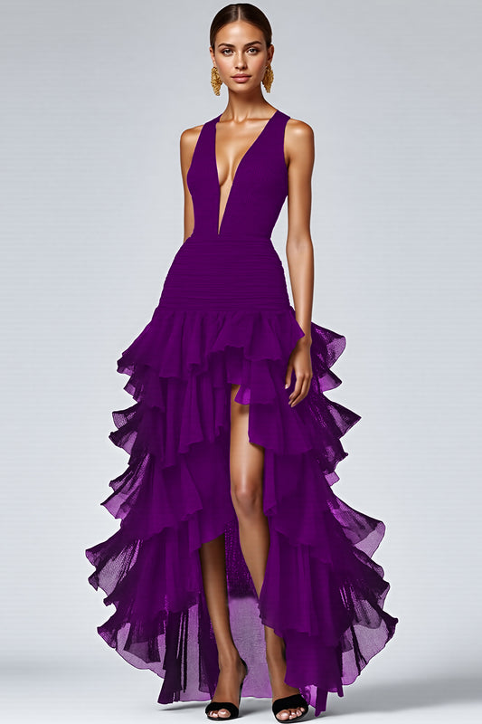 Royal Blue A Line Sleeveless V-Neck Tiered Long Formal Dress with Slit