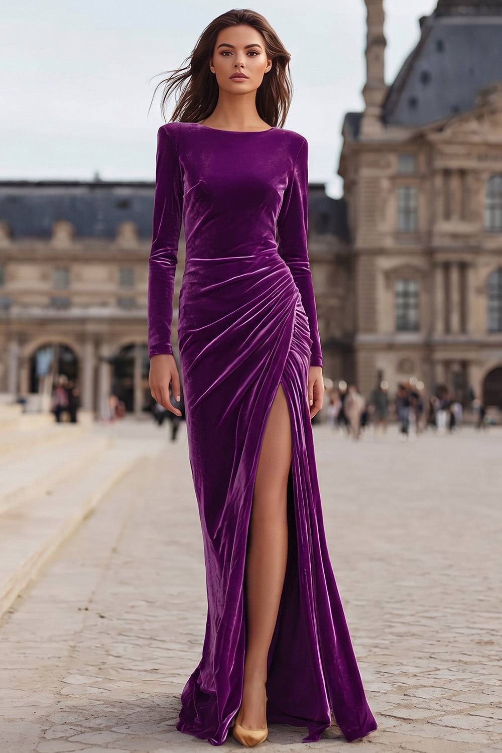 Caramel Velvet Sheath Ruched Long Sleeves Formal Dress with Slit