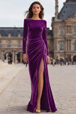 Caramel Velvet Sheath Ruched Long Sleeves Formal Dress with Slit