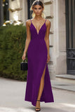 Black Deep V-Neck Satin Sheath Long Formal Dress with Slit