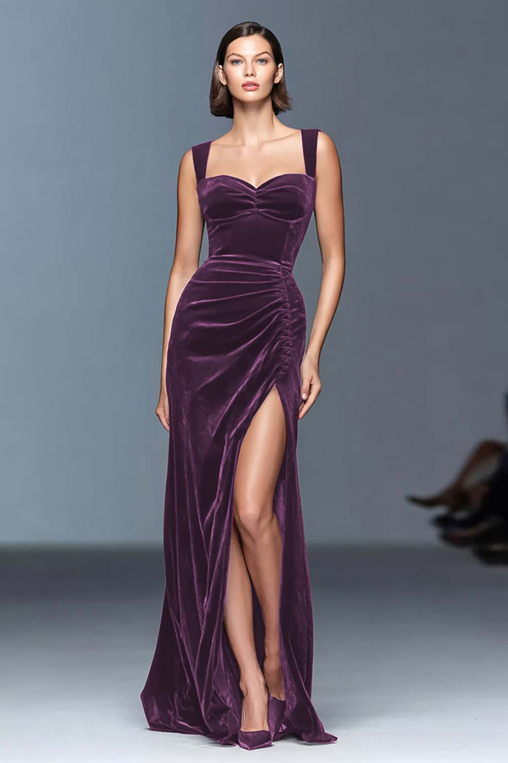 Burgundy Velvet Ruched Long Holiday Party Dress with Slit