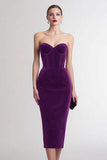 Burgundy Sheath Sweetheart Corset Midi Velvet Holiday Party Dress