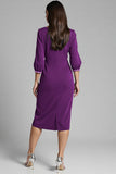 Navy Satin V-Neck Bodycon Midi Work Dress with Long Sleeves