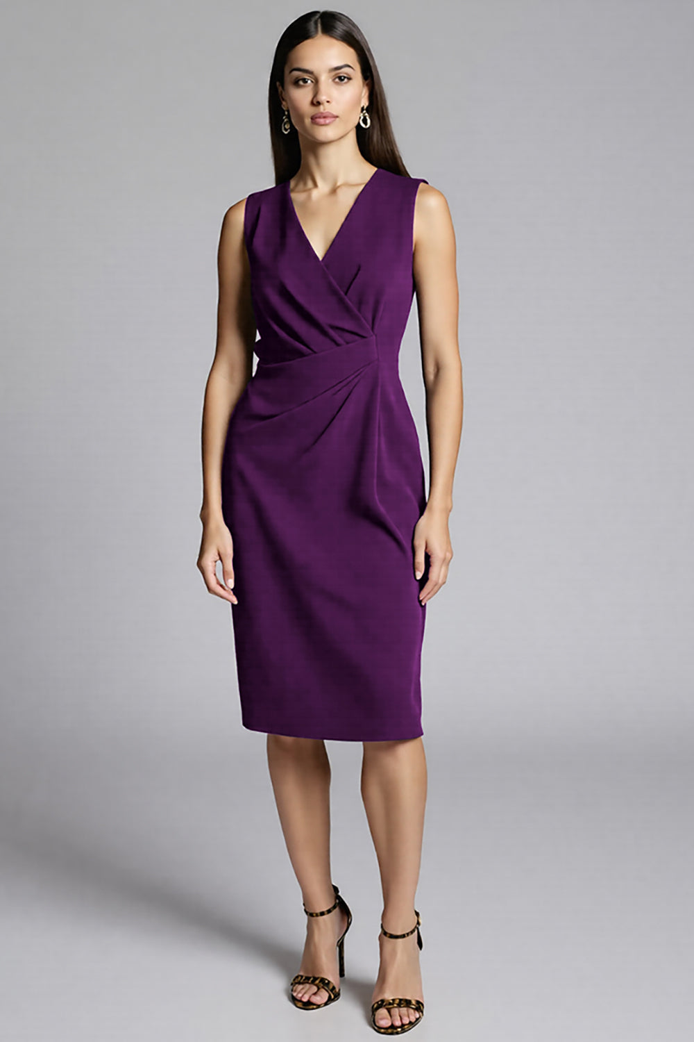 Zapakasa Women Navy Satin Midi Work Dress Bodycon V-Neck Ruched Semi Formal Dress