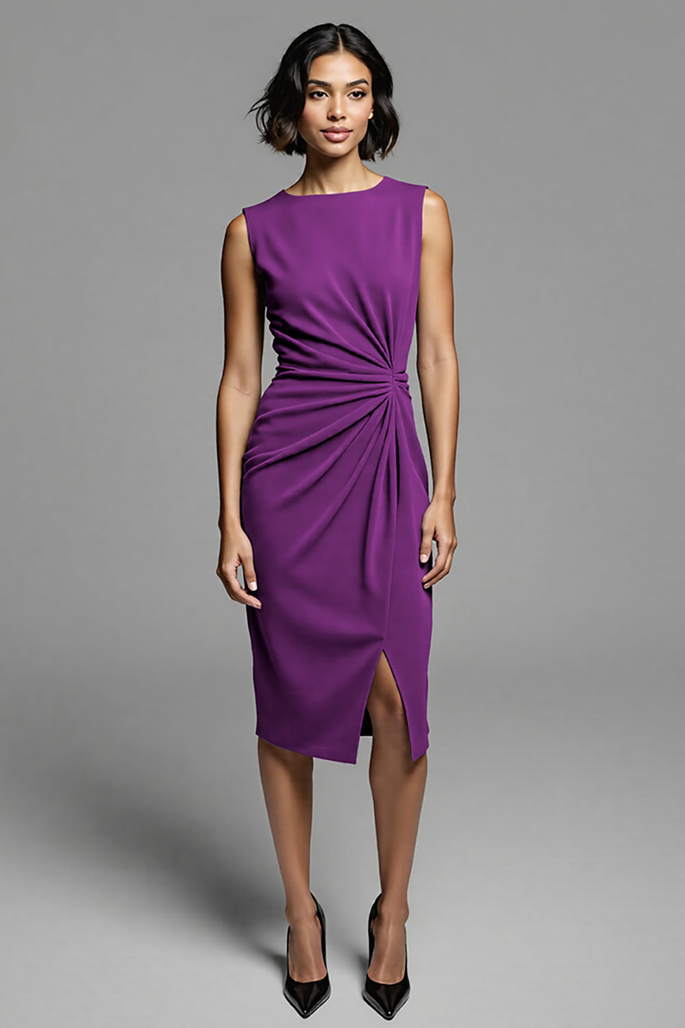 Grey Bodycon Satin Crew Neck Midi Ruched Work Dress with Slit