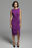 Grey Bodycon Satin Crew Neck Midi Ruched Work Dress with Slit