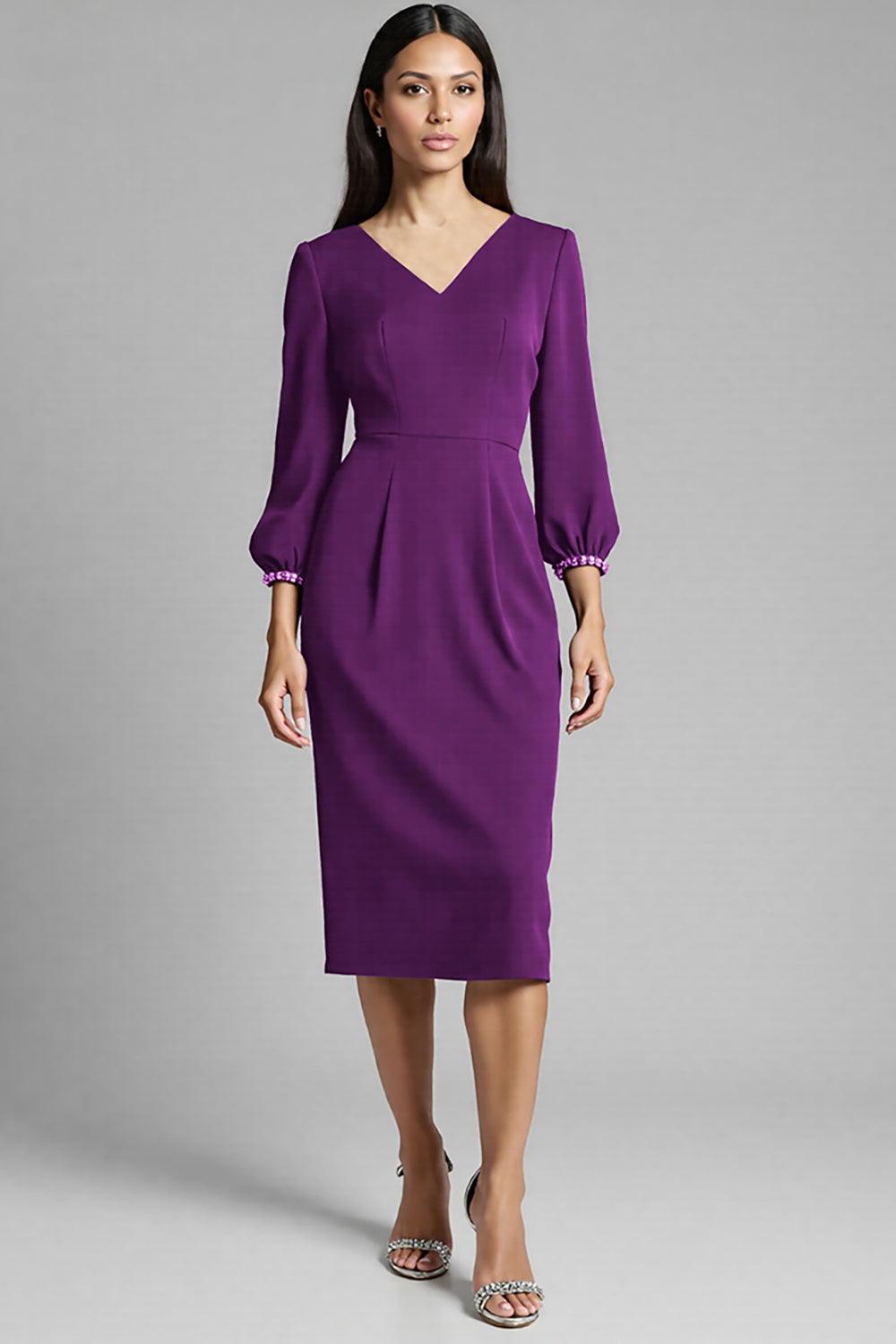 ZAPAKA Women Navy Work Dress Sheath V Neck Beaded 3/4 Sleeve Midi Semi Formal Dress, Plum / US6