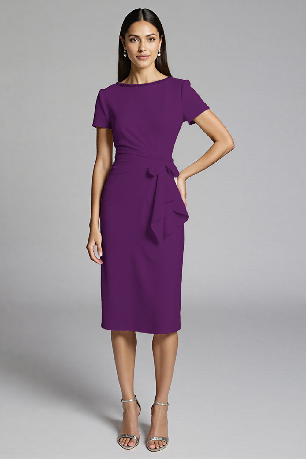 Beige Bodycon Midi Satin Work Dress with Short Sleeves