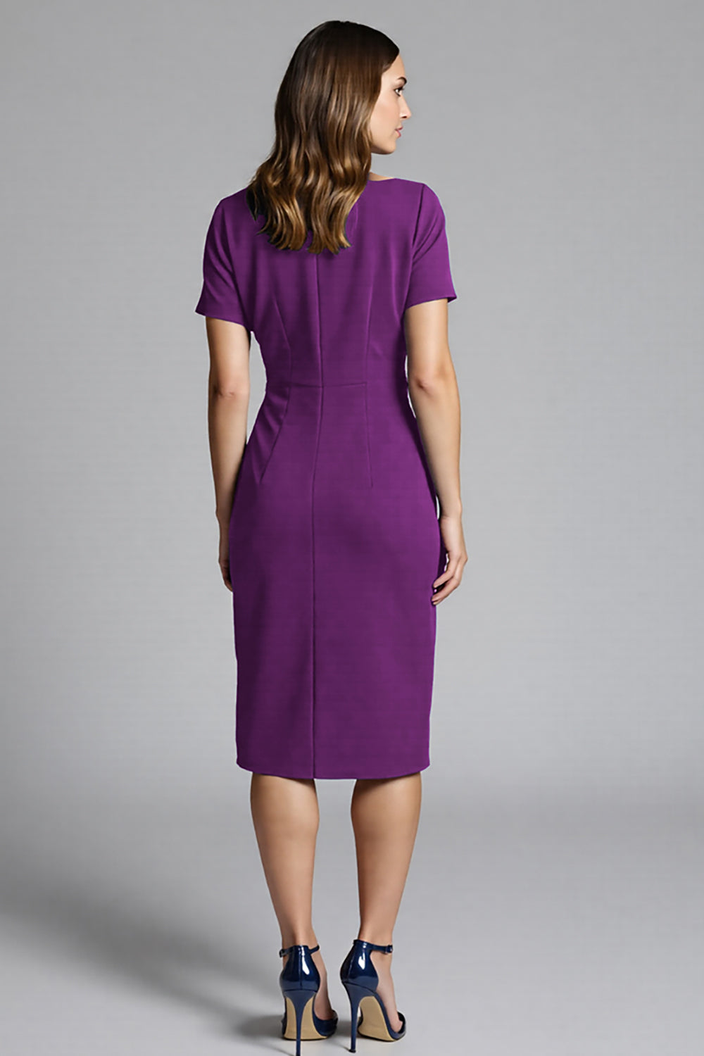 Navy Bodycon Ruched Midi Satin Work Dress with Short Sleeves