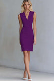 Dusty Blue Satin Bodycon V-Neck Short Work Dress