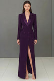 Navy Velvet Peak Lapel Single Breasted Long Blazer Dress with Slit