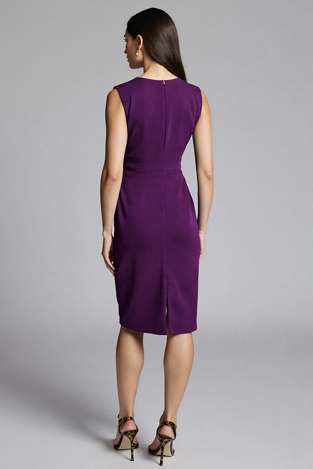 Navy Satin V-Neck Midi Bodycon Work Dress