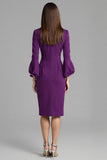 Navy Satin Bodycon Midi Bateau Neck Work Dress with Long Sleeves