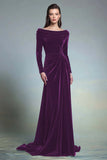 Dark Green Velvet Ruched Boat Neck Long Sleeves Formal Dress