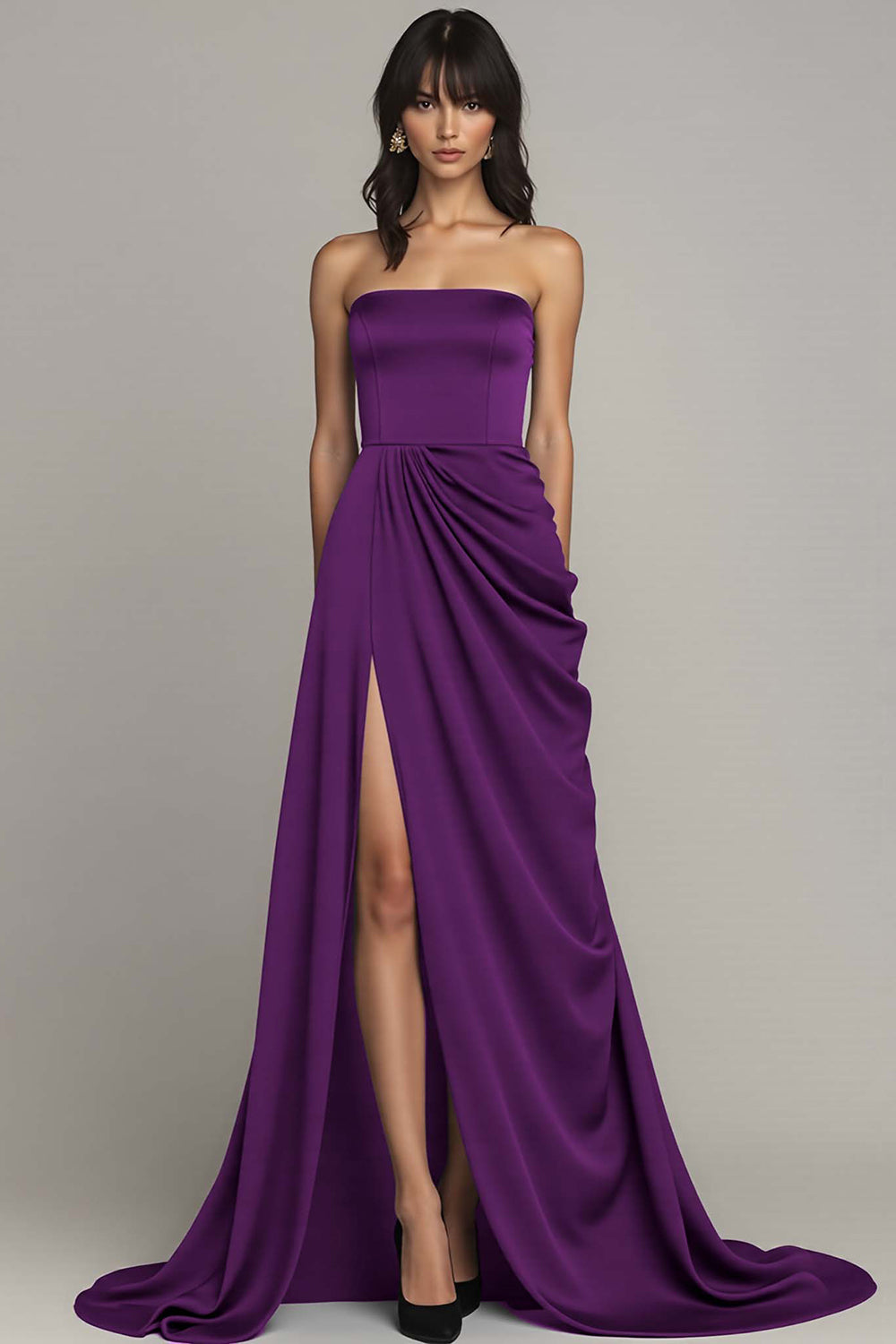 Black Strapless A Line Satin Long Formal Dress with Slit