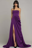 Black Strapless A Line Satin Long Formal Dress with Slit