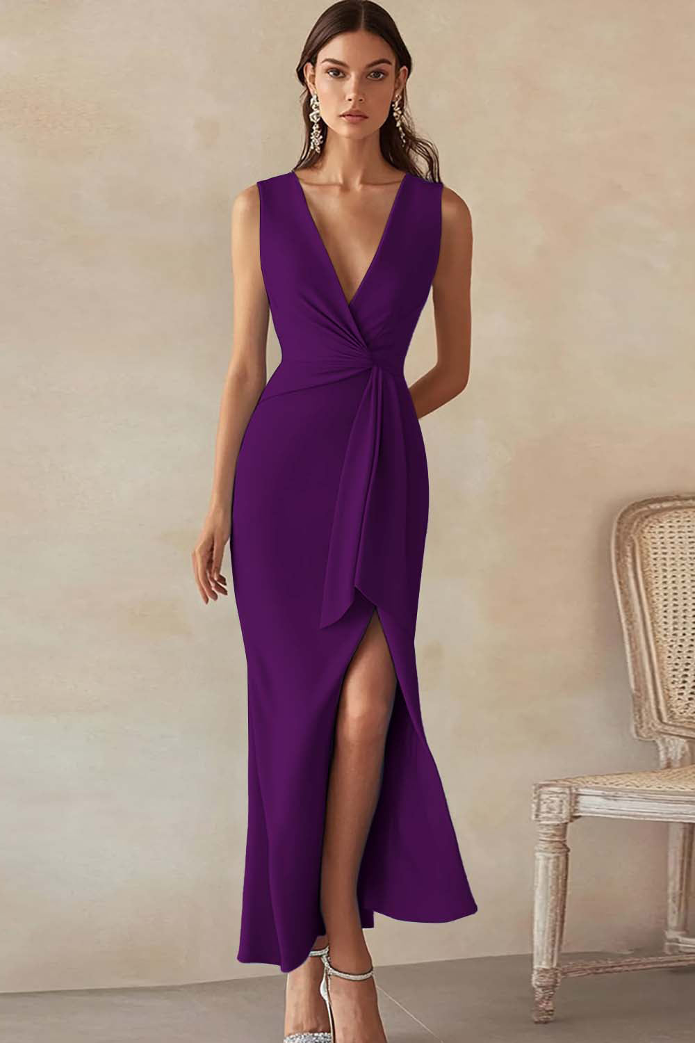 Zapaka Women Sky Blue Satin Long Work Dress with Slit V-Neck Sheath Ruched Cocktail Dress, Plum / US4